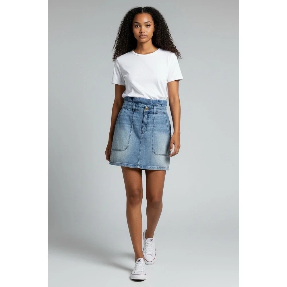 Free People Size‎ 6 Blue Denim Jean Paper Bag Waist Patch Pocket Mini Skirt